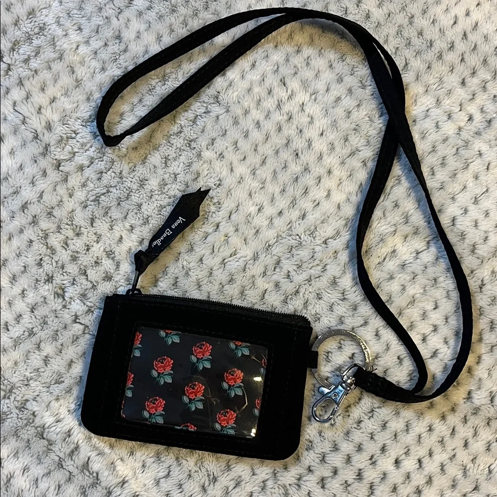 Vera Bradley Black Lanyard ID Wallet with Red Rose Print - Picture 3 of 3